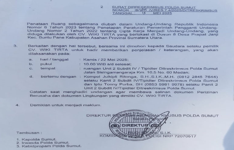 Dugaan Pemanfaatan Sumber Daya Air dan Tata Ruang Tanpa Izin, Ditreskrimsus Panggil CV. Wiki Tirta