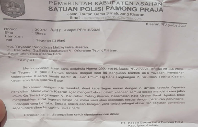 Soal Tembok Dibangun Diatas Jalan, SP3 Satpol PP Asahan ke Yayasan Maetreyawira Kisaran Terkesan Janggal dan Tak Masuk Akal