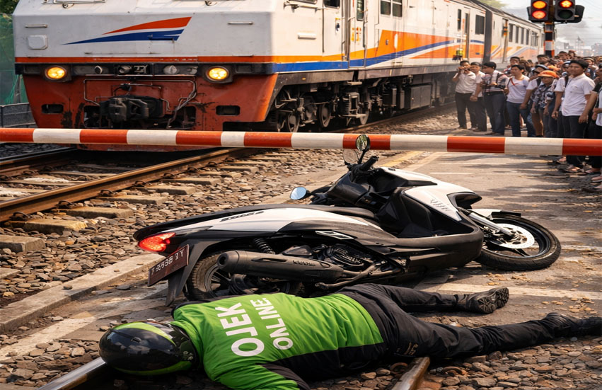 Pengemudi Ojek Online Tewas Tertabrak Kereta Api di Medan