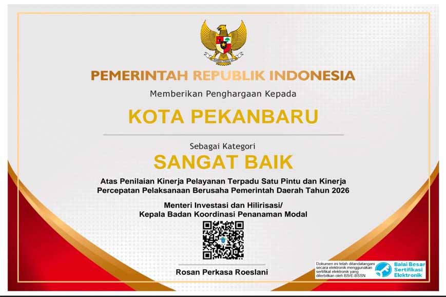 Pemko Pekanbaru Raih Predikat Sangat Baik dalam Penilaian Kinerja Pelayanan Perizinan